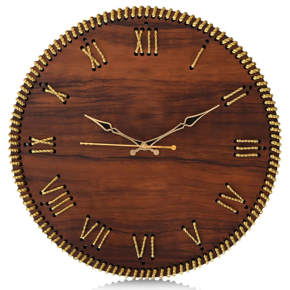 Wooden Round Shape Roman Dial Analog Clock with Golden Hand and Golden Zari Rope Detailing  Stylish Silent Quartz Movement Anti Reflection Wall Clock for Home & Office (Brown, 15.5 inch)@ 849-